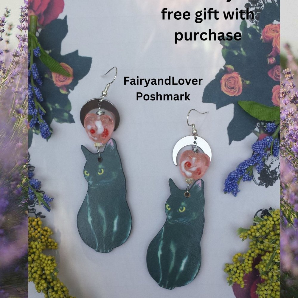 Witchy Moon Cats Crystal Lampwork Earrings,fairy cat earrings